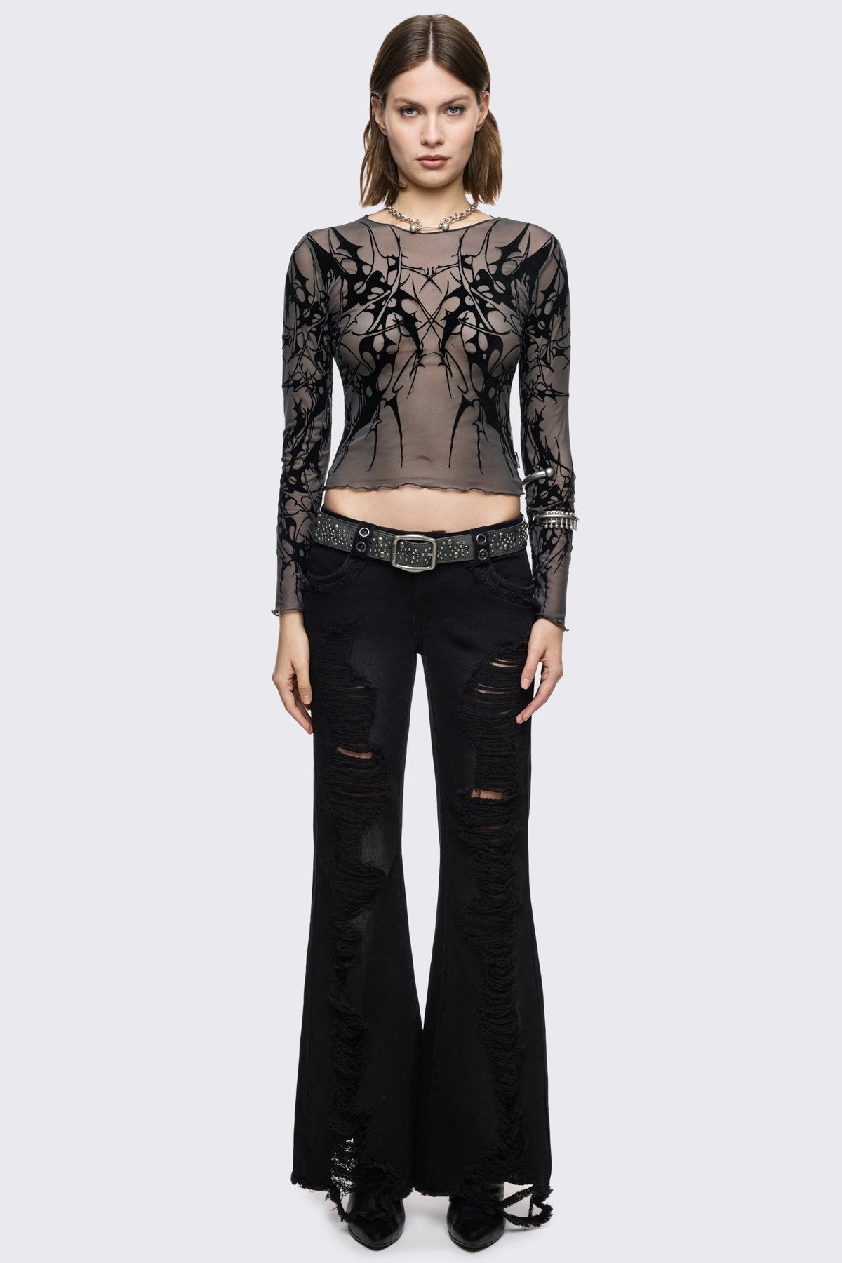 Grey Mesh Top with Cyber Sigilism Graphic | Minga London