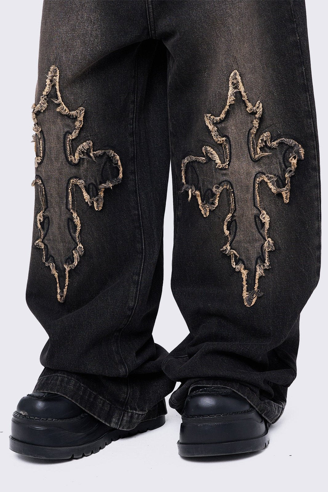 Black Wash Baggy Jeans with Cross Patches | Minga London