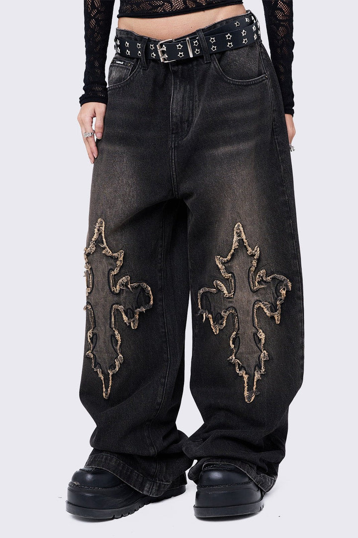Black Wash Baggy Jeans with Cross Patches | Minga London
