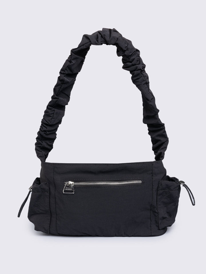 Black Nylon Handbag with Pink Plush Bunny Keychain | Minga