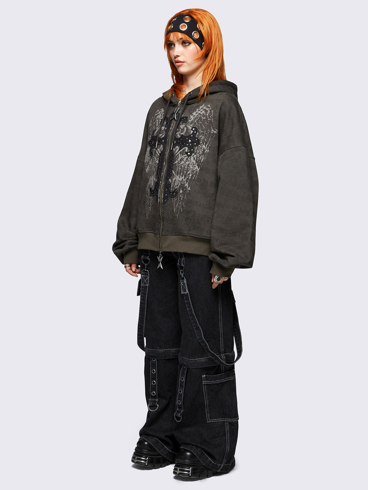 【mnem】Kimo Pigment Hoodie Khaki Graphic Zip-Up Hoodie with Studded Cross Patch | Minga