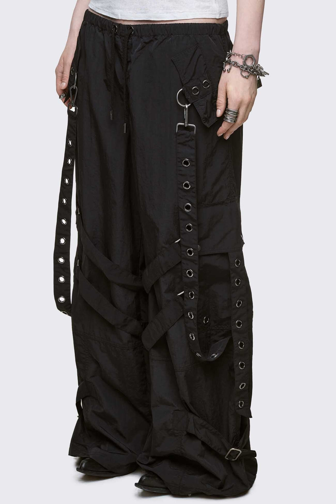 Black Nylon Baggy Cargo Pants | Minga London