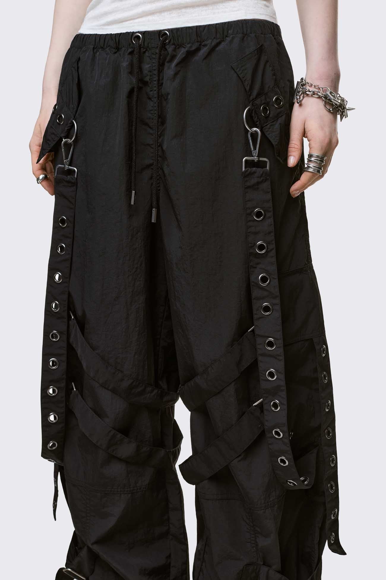Black Nylon Baggy Cargo Pants | Minga London