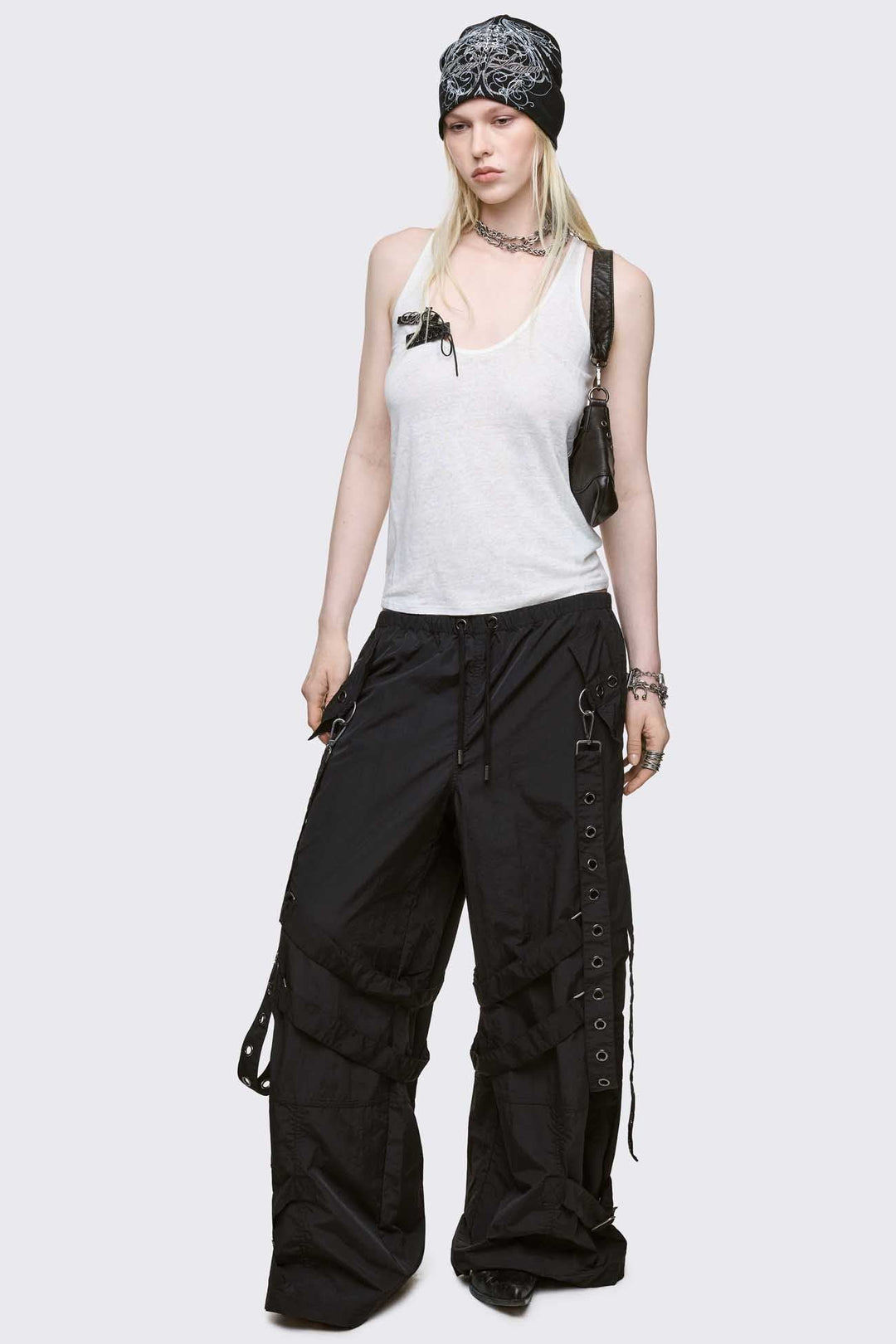 Black Nylon Baggy Cargo Pants | Minga London