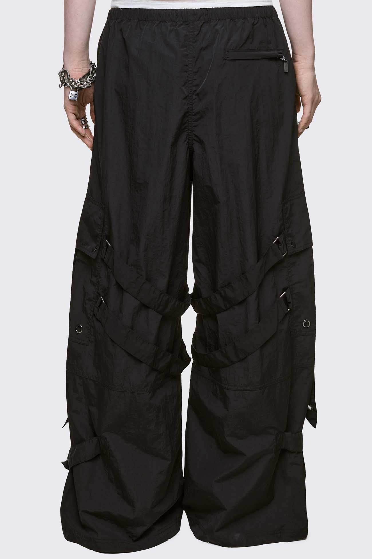 Black Nylon Baggy Cargo Pants | Minga London
