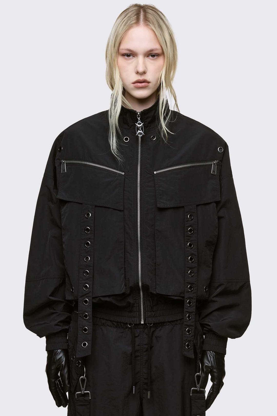 Oversized Nylon Windbreaker Jacket in Black | Minga London
