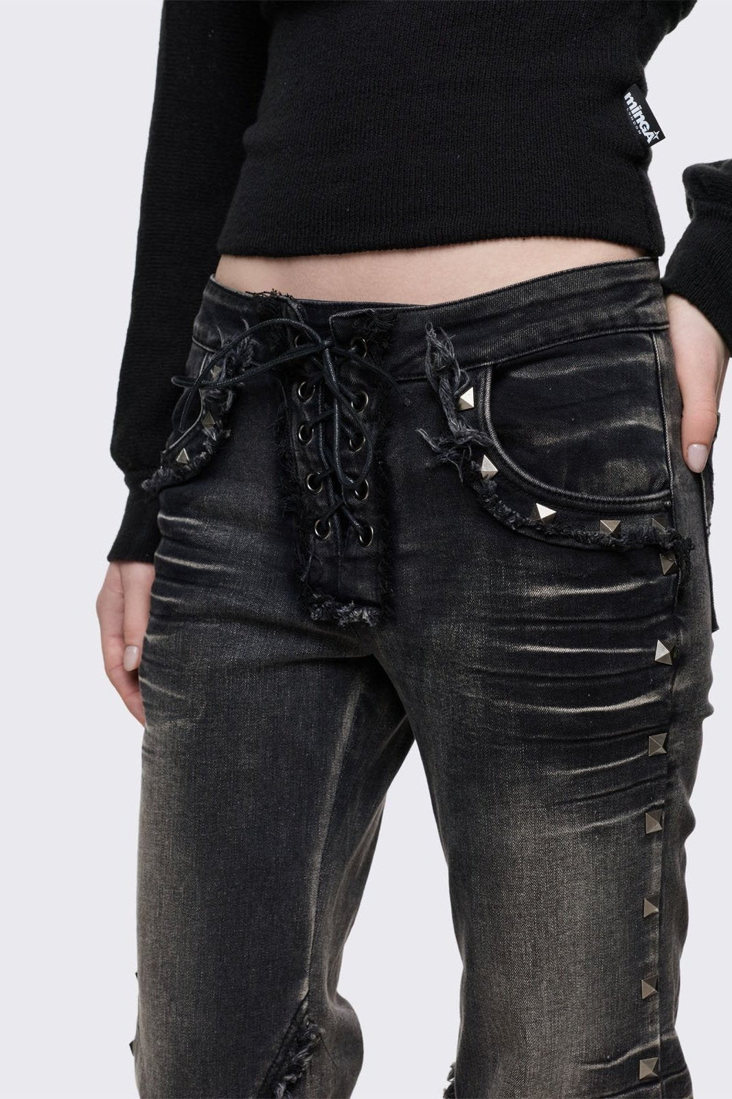 Black Flared Jeans with Heavy Whiskers and Hardware Details