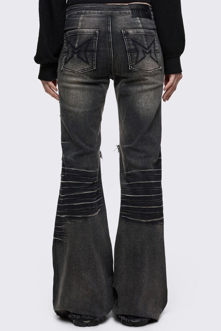 Black Flared Jeans with Heavy Whiskers and Hardware Details