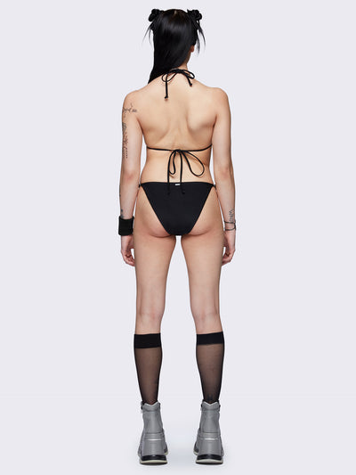 Slim straps bikini bottoms in black with metal details 