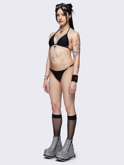 Slim straps bikini bottoms in black with metal details 