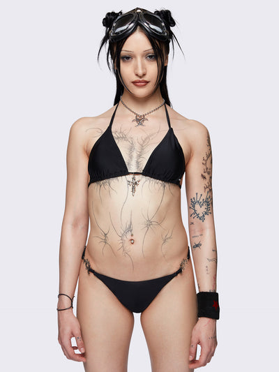Slim straps bikini bottoms in black with metal details 