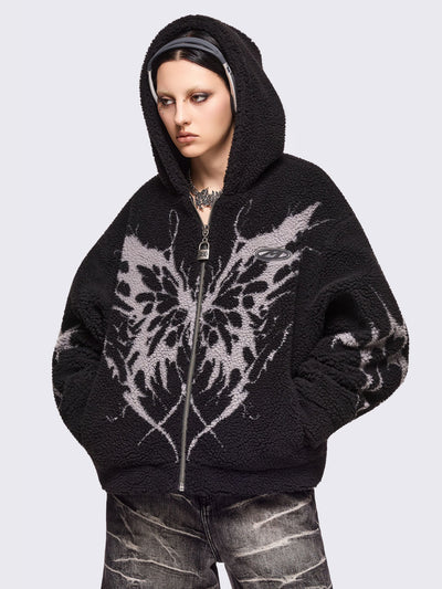 Black fleece hoodie jacket featuring grey dark butterfly sigil design.