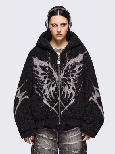 Black fleece hoodie jacket featuring grey dark butterfly sigil design.