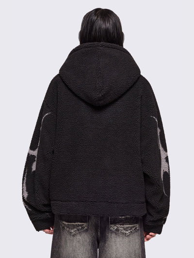 Black fleece hoodie jacket featuring grey dark butterfly sigil design.