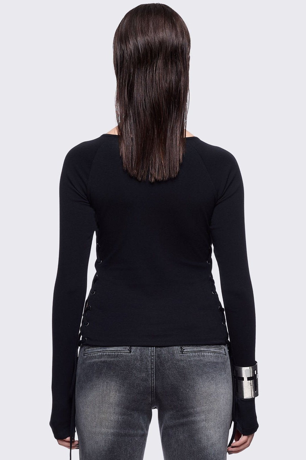 Grunge Black Lace-Up Long Sleeve Top | Minga London