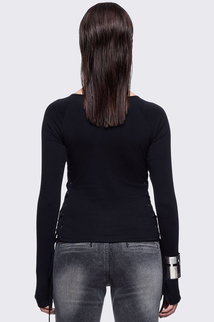 Grunge Black Lace-Up Long Sleeve Top | Minga London