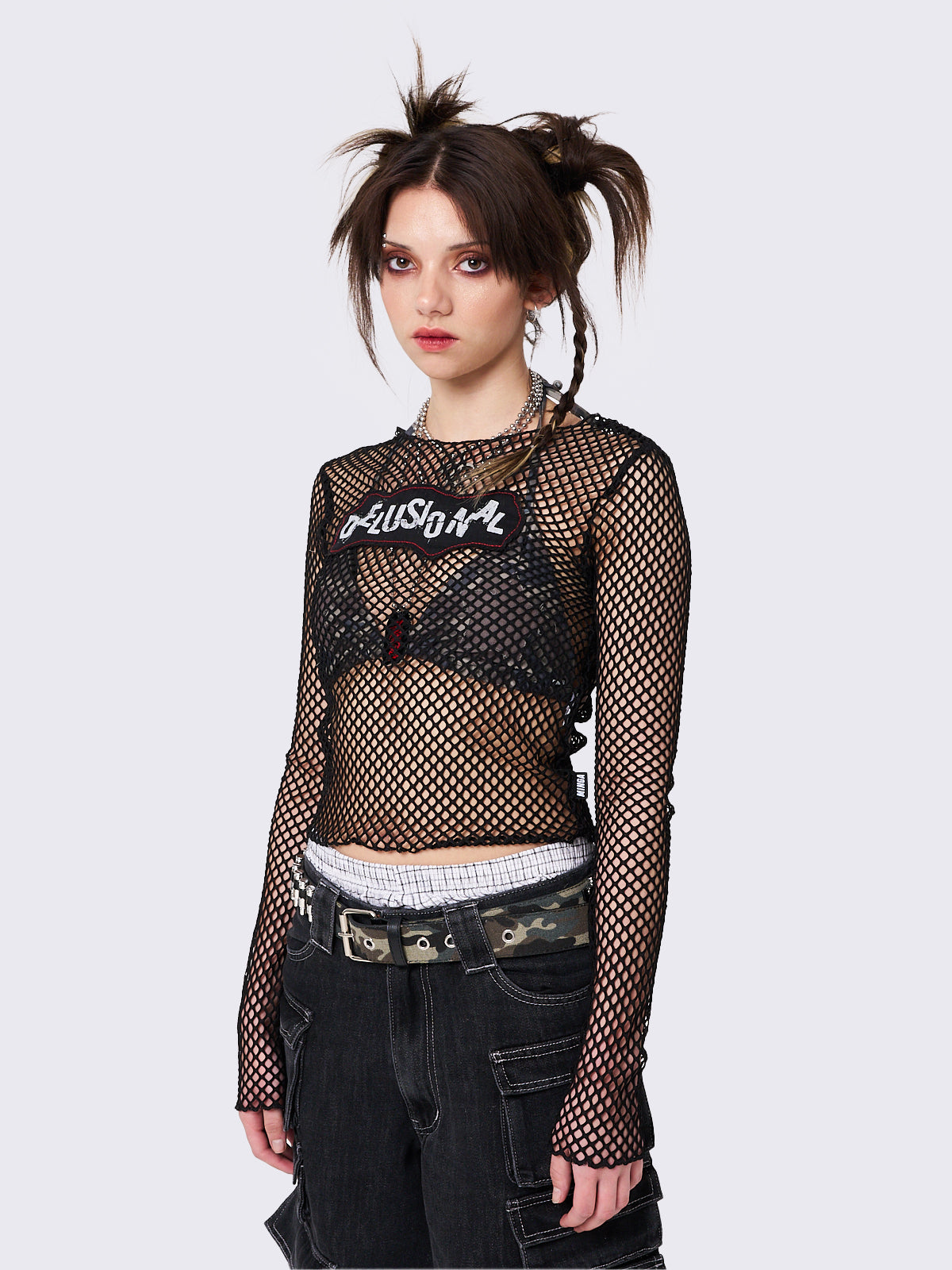 Fishnet Long Sleeve Top with a Patch Print
