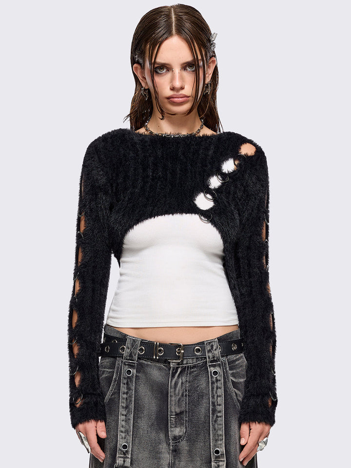 Black Cut-Out Fuzzy Cropped Sweater Minga London