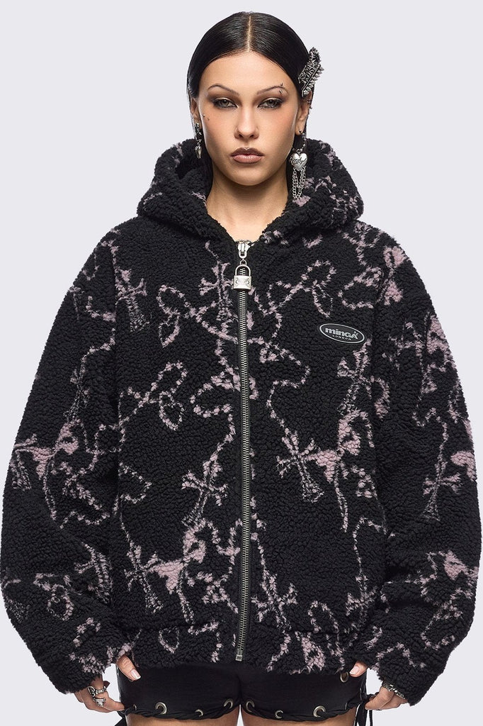 Black Borg Fleece Jacket with Pink Cross Design | Minga London