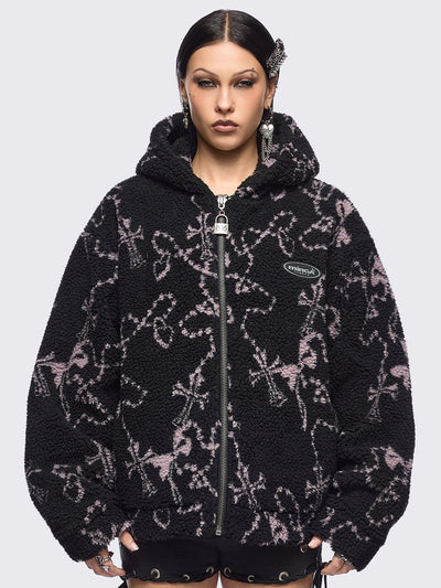 Black fleece borg hoodie jacket featuring all over pink rosary designs.