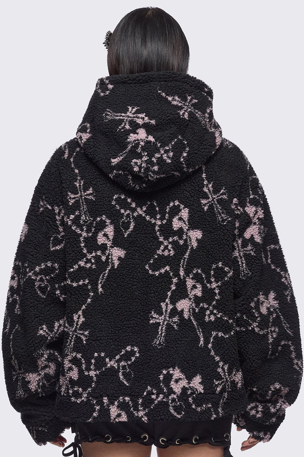 Black Borg Fleece Jacket with Pink Cross Design | Minga London