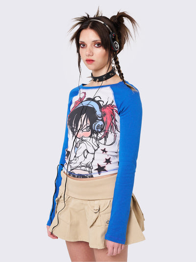 Blue and White Raglan Long Sleeve Top with Graphic Print
