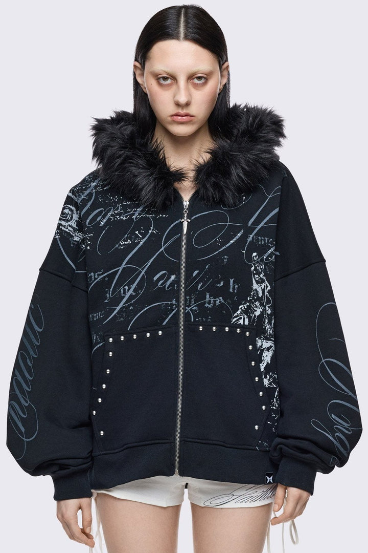 Black Furry Graphic Zip Up Hoodie | Minga London