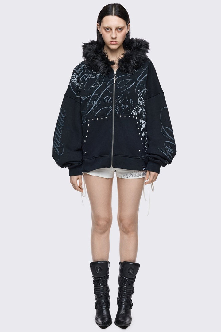 Black Furry Graphic Zip Up Hoodie | Minga London