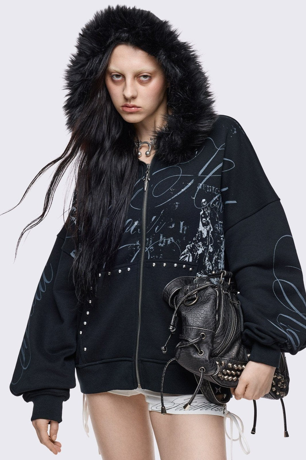 Black Furry Graphic Zip Up Hoodie | Minga London