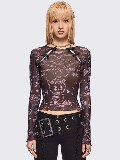 Black mesh top with all over pink graphic print by Esther Bunny artist and cut out details with bows.