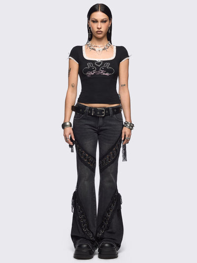 Black washed flare jeans with lace up bow details.