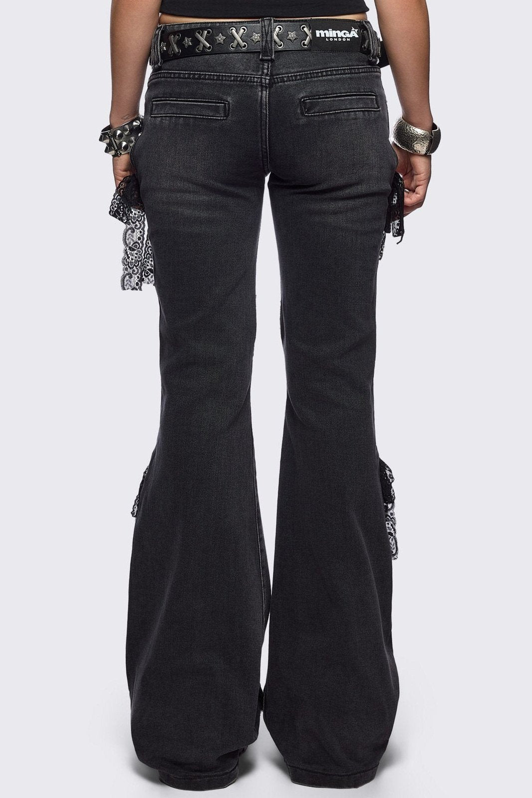 Black Washed Lace-Up Flared Jeans | Minga London