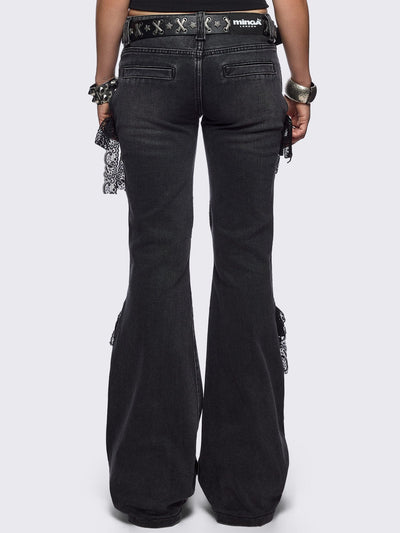 Black washed flare jeans with lace up bow details.