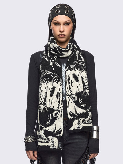 Black knitted scarf featuring a white cyber anime girl jacquard.