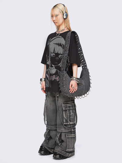 Oversized black t-shirt with cyber anime girl graphic print. 