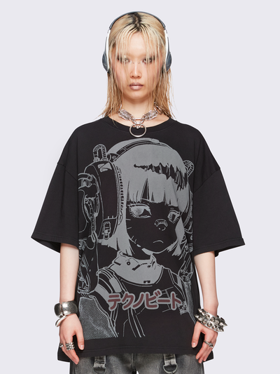 Oversized black t-shirt with cyber anime girl graphic print. 