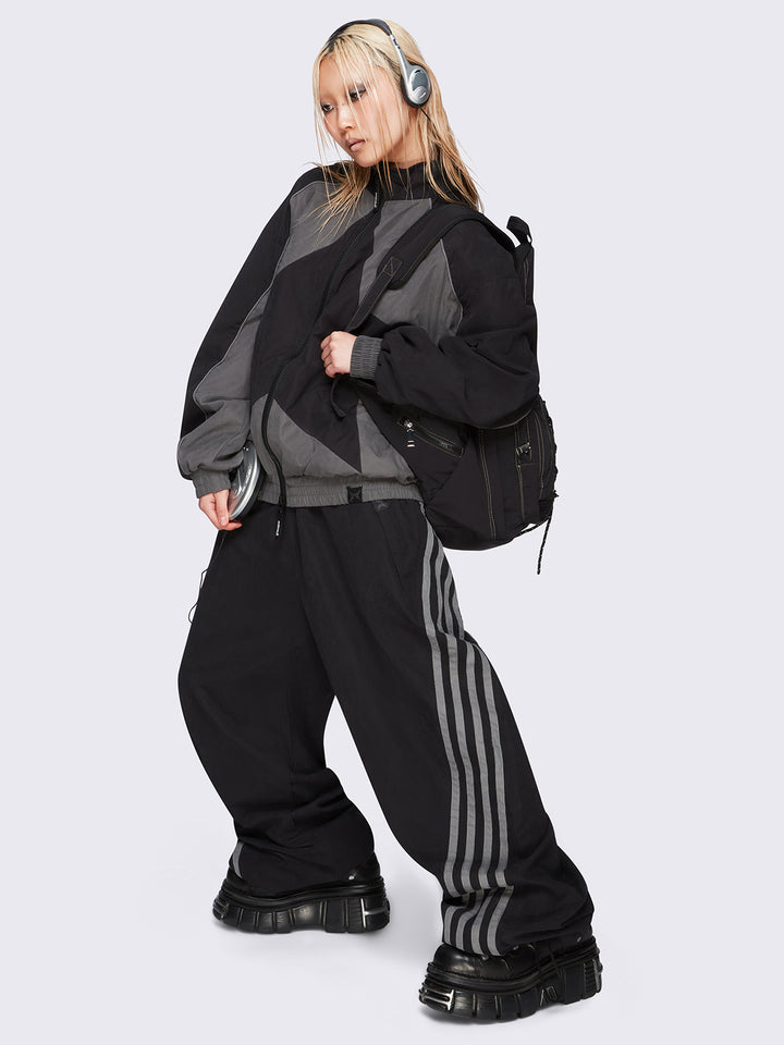 Black Parachute Tech Pants with Side Stripes | Minga London