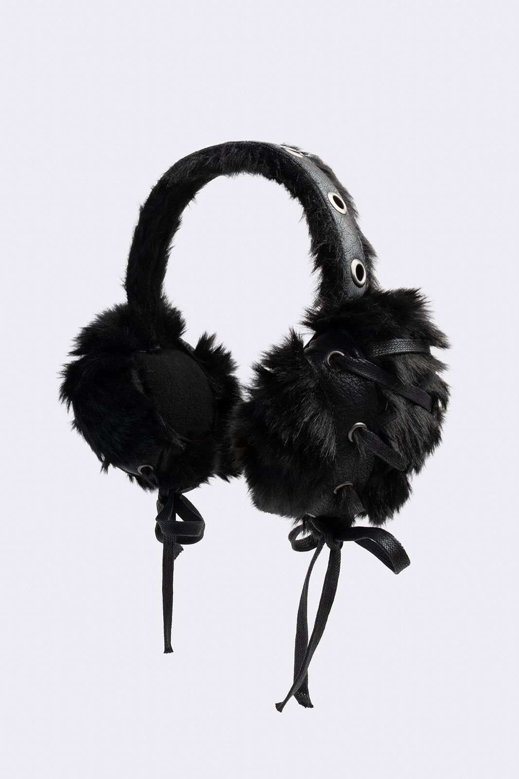 Black faux fur earmuffs and silver eyelet and lace up details.