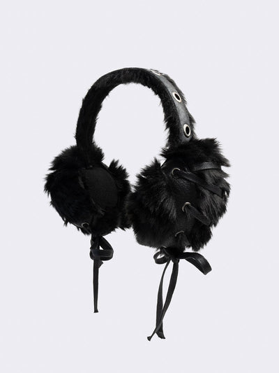 Black faux fur earmuffs and silver eyelet and lace up details.