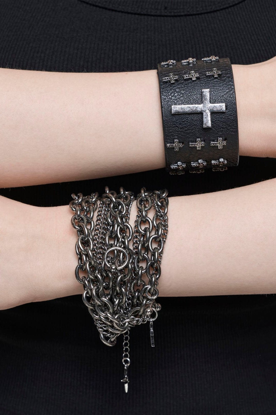 Black Faux Leather Bracelet Set with Crosses and Chains | Minga London