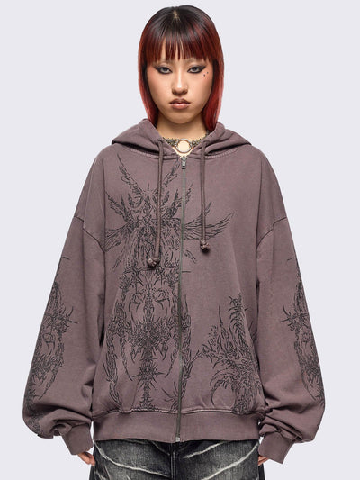 Washed brown zip-up hoodie jacket with grunge graphic prints on the front and sleeves.