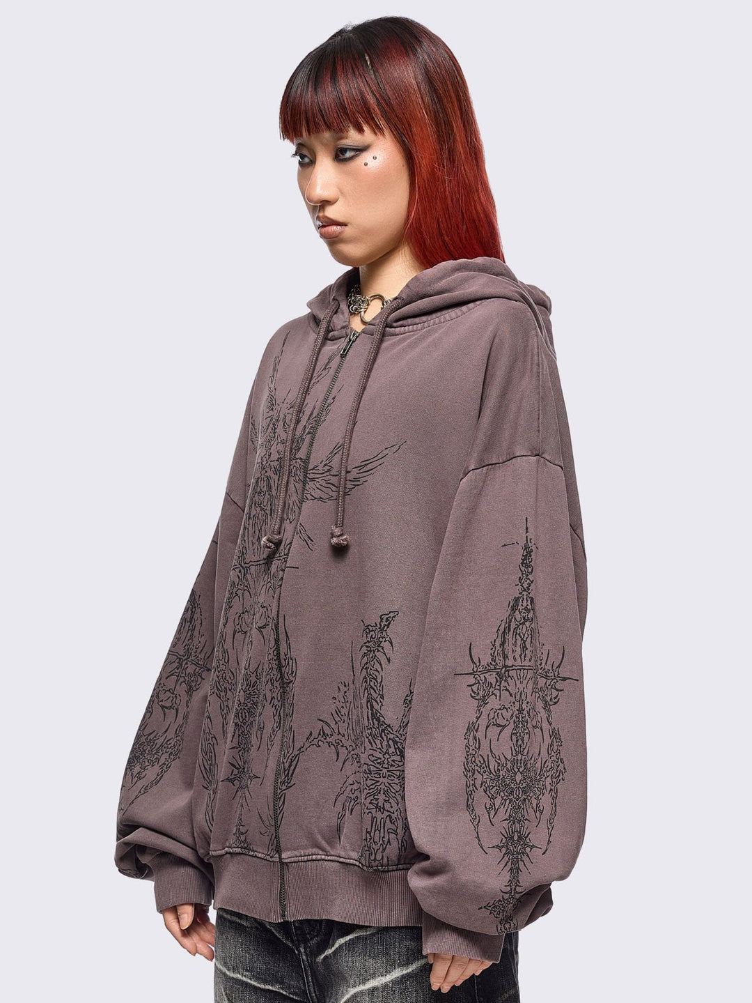 Brown Wash Oversized Zip Up Hoodie with Abstract Print Minga London