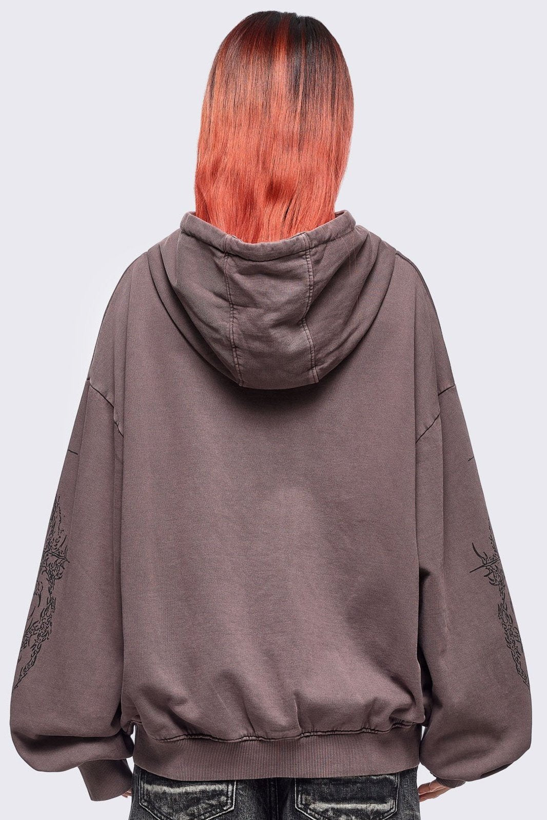 Brown Wash Oversized Zip Up Hoodie with Abstract Print | Minga London