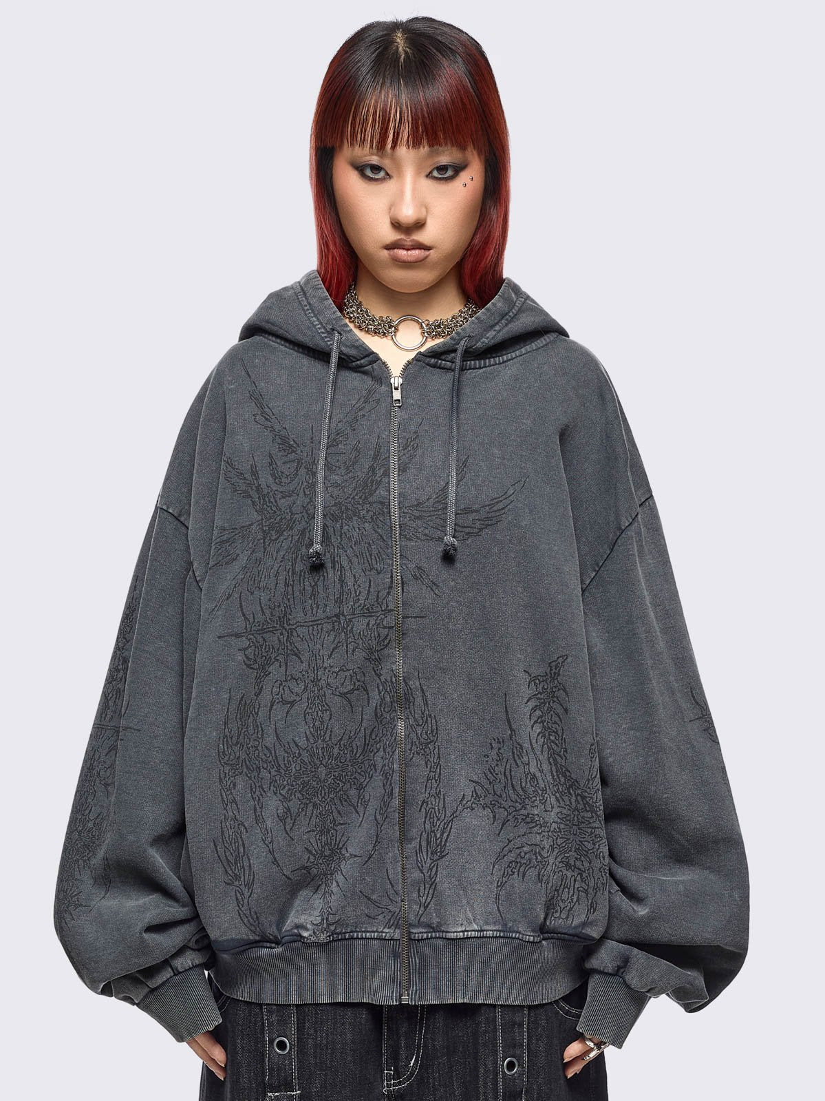 Grey wash oversized zip up hoodie with abstract print