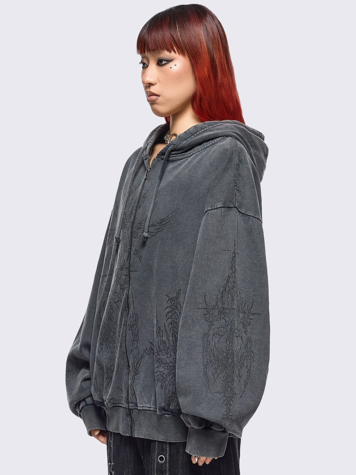 Grey wash oversized zip up hoodie with abstract print