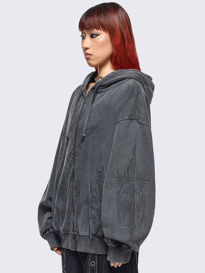 Grey wash oversized zip up hoodie with abstract print