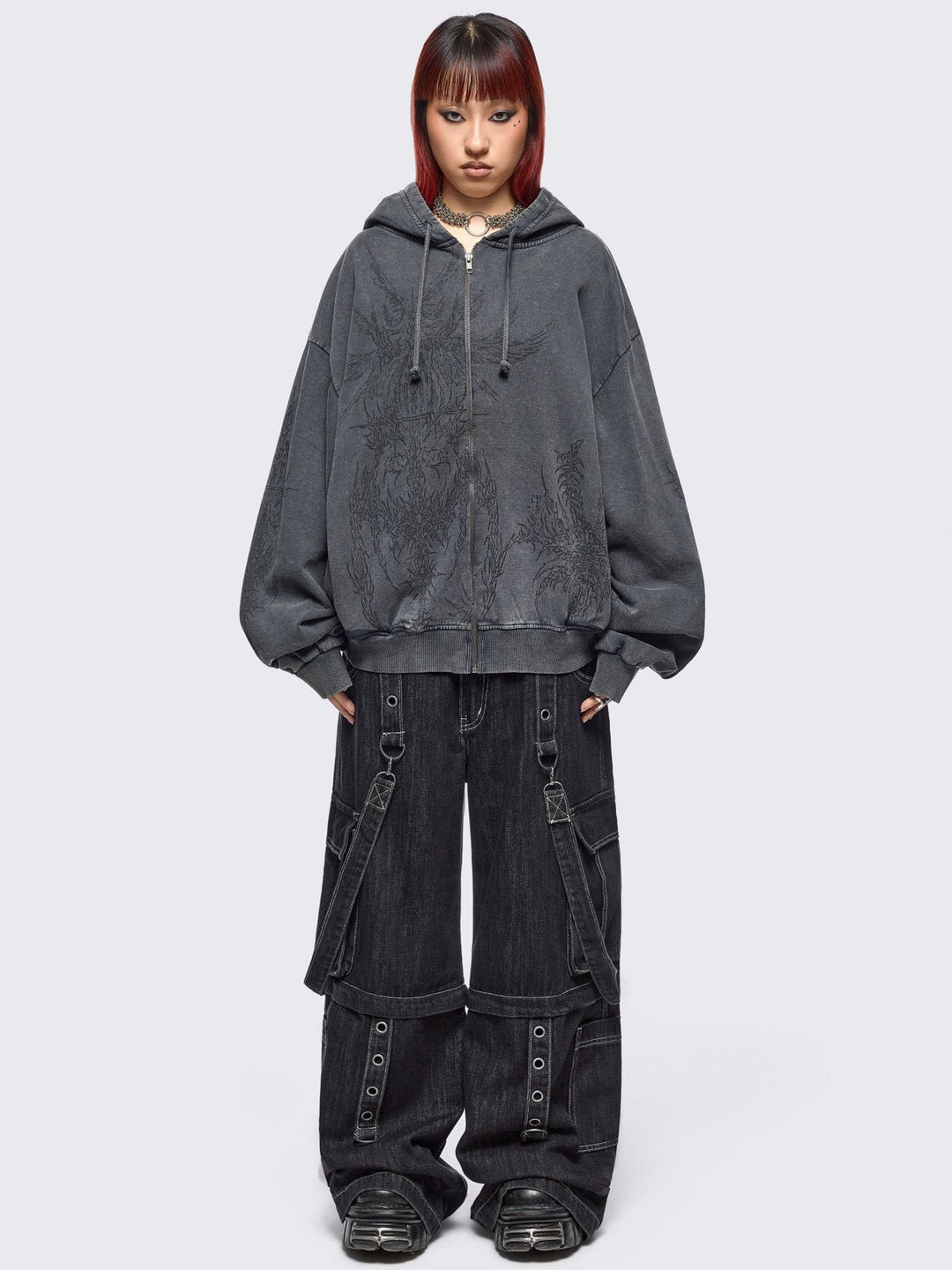 mocaページ Grey Wash Oversized Zip Up Hoodie with Abstract Print