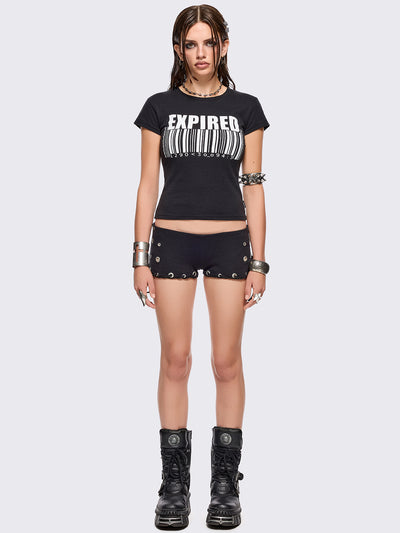 Black graphic baby tee with "expired" barcode graphic print in white.