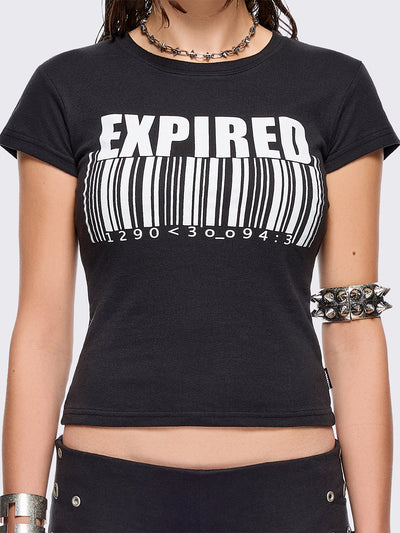 Black graphic baby tee with "expired" barcode graphic print in white.