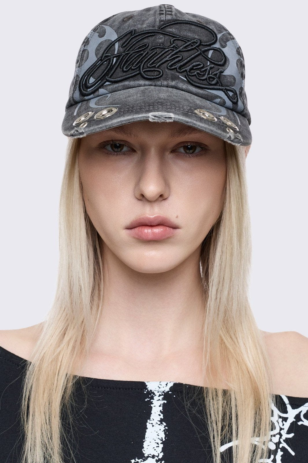 Grey washed denim distressed baseball cap